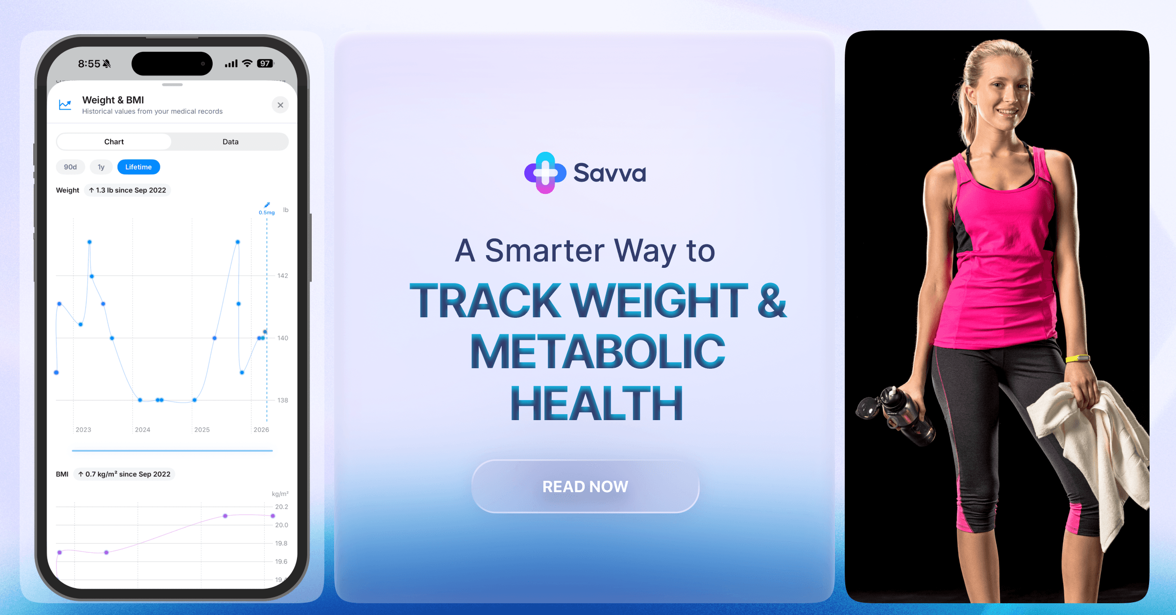 The Savva app showing a weight management dashboard with weight log, body composition, and cardiometabolic labs in one view