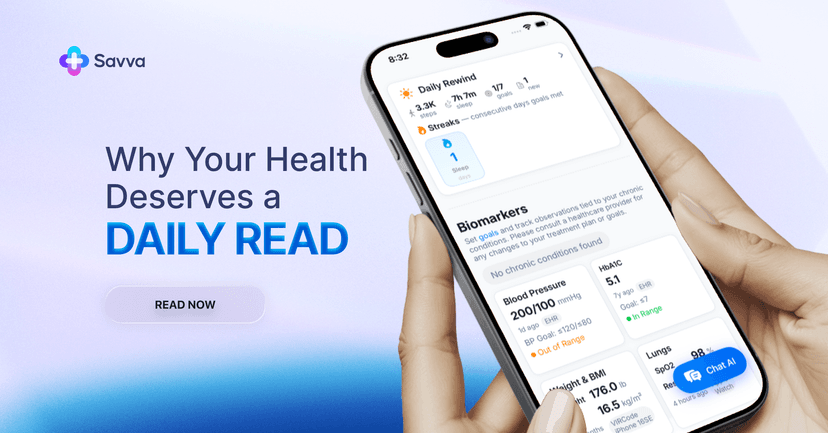 The Savva Daily Rewind screen showing body scores and daily goals progress in one view