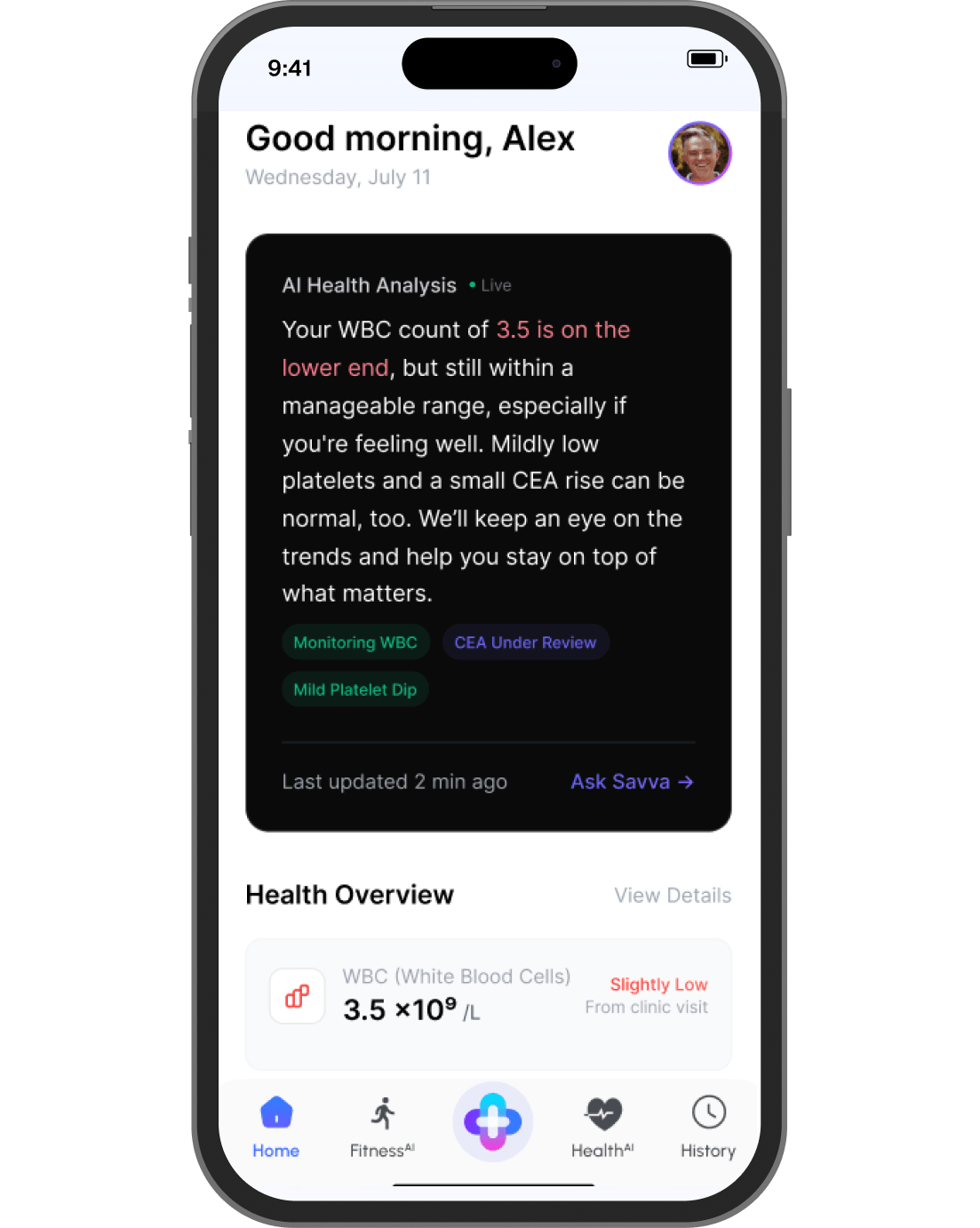 Health records page showing organized summaries and record review tools