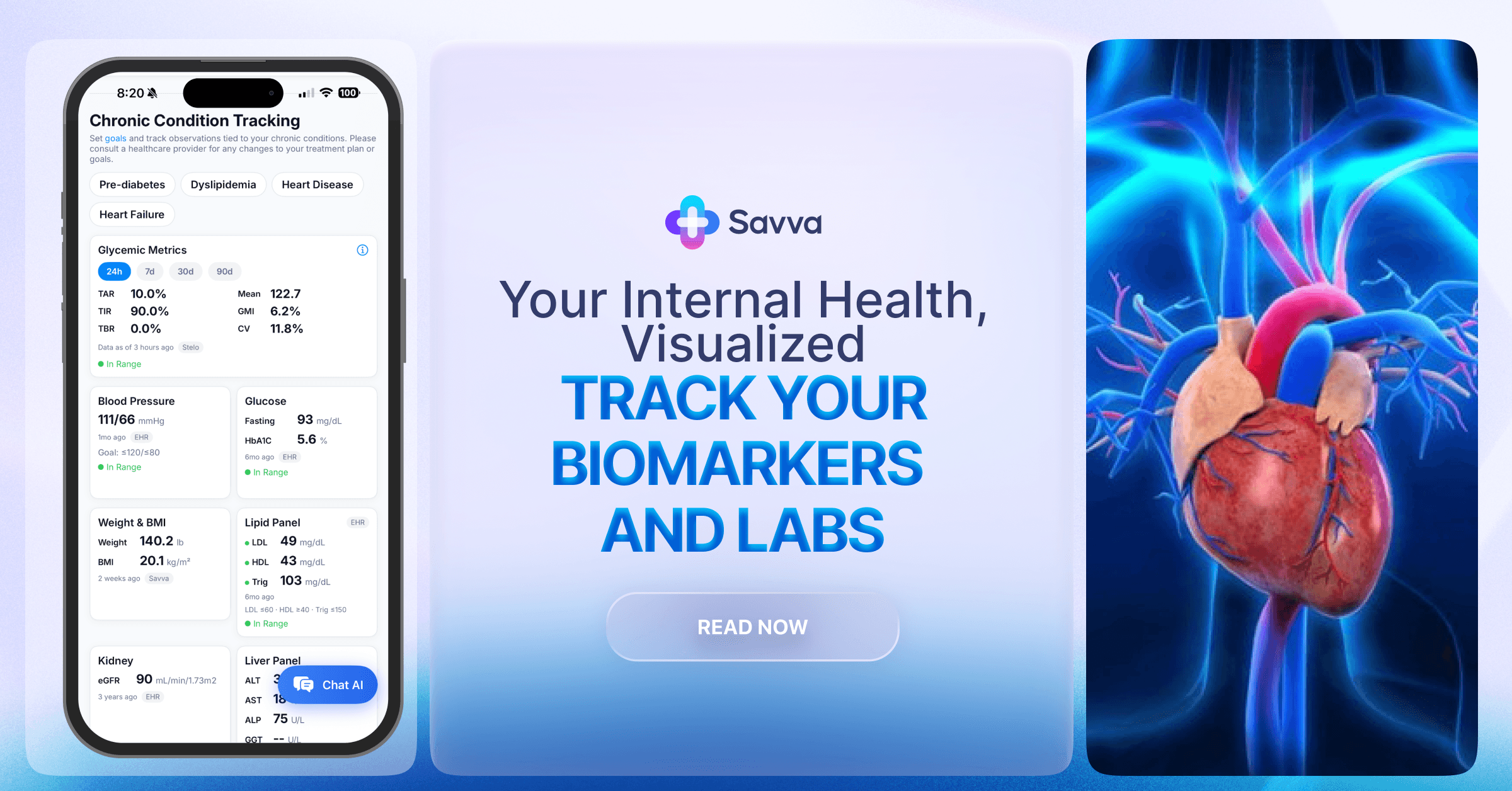 The Savva Biomarkers screen showing blood pressure, HbA1C, weight, and lung readings in one private view