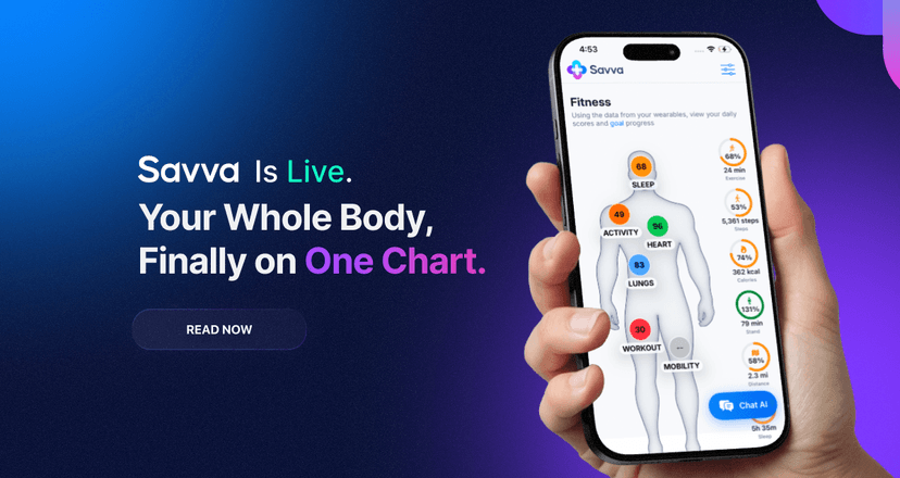 The Savva app home screen showing daily body scores, weight, blood pressure, glucose, and labs together on one chart