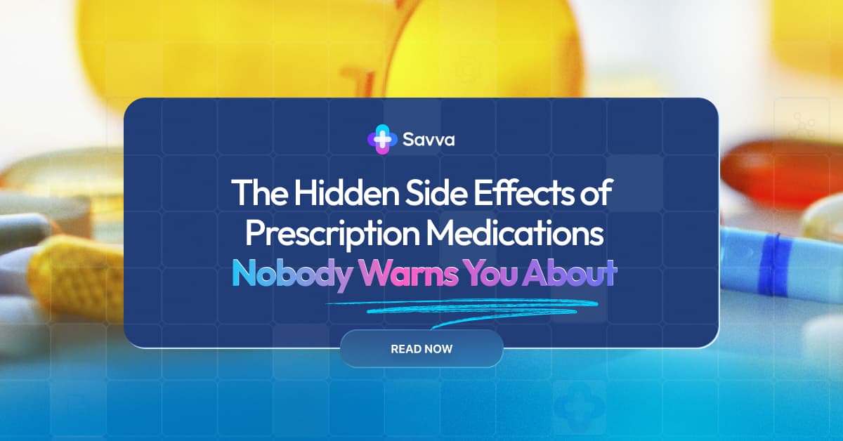 Prescription pill bottles on a counter with shadows hinting at hidden side effects