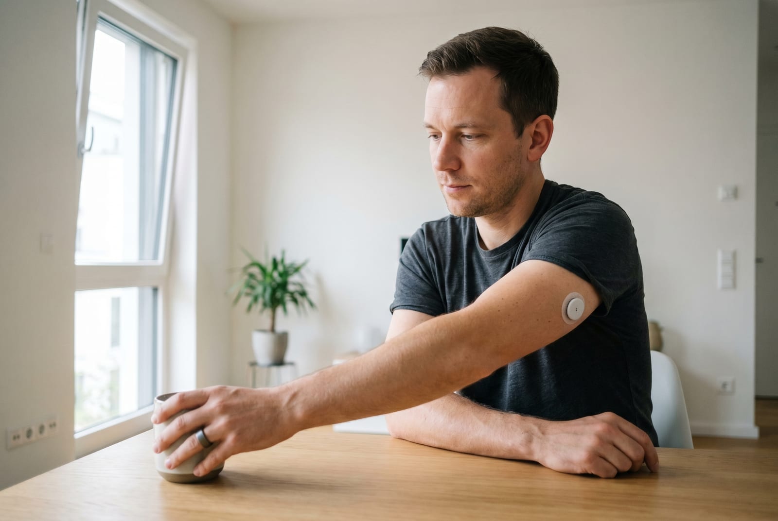 Mann an einem entspannten Mittagstisch mitten beim Essen, Freunde im Hintergrund - AI-generiert