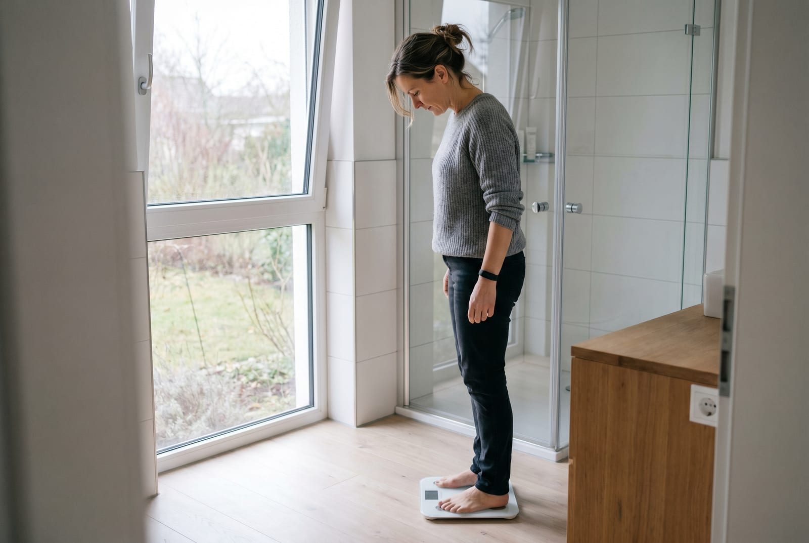 Frau in einem sanft beleuchteten Badezimmer, die von einer smarten Waage steigt und auf die Anzeige schaut - AI-generiert