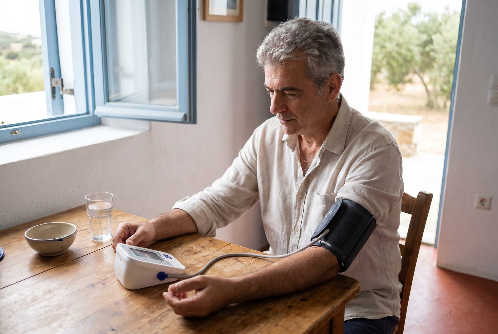 Γυναίκα στο τραπέζι της κουζίνας της σε πρωινό φως, με οικιακό πιεσόμετρο στο βραχίονά της, ελέγχει την ένδειξη - Δημιουργήθηκε από AI
