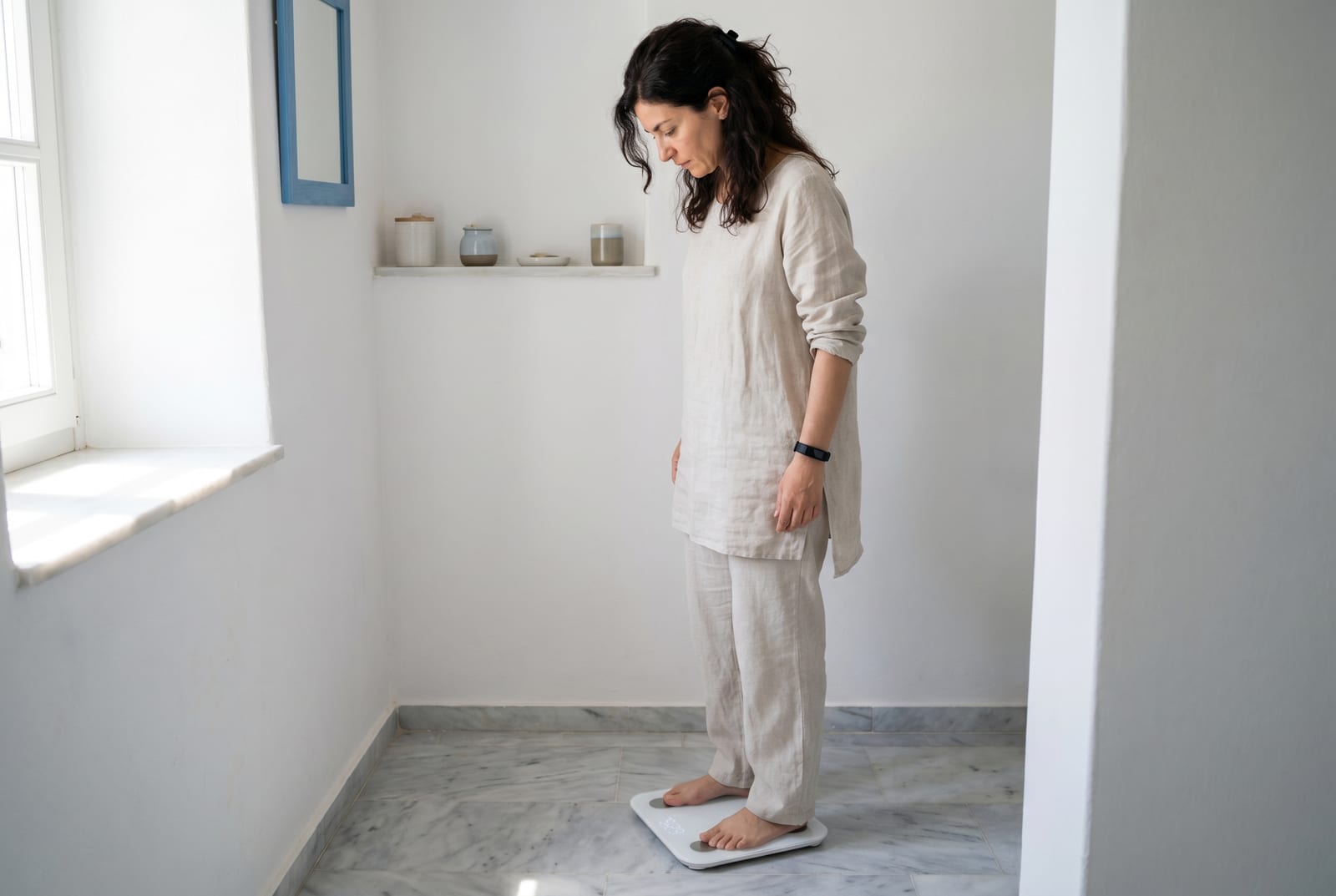 Γυναίκα σε μαλακά φωτισμένο μπάνιο που κατεβαίνει από έξυπνη ζυγαριά, ρίχνει μια ματιά στην ένδειξη - Δημιουργήθηκε από AI