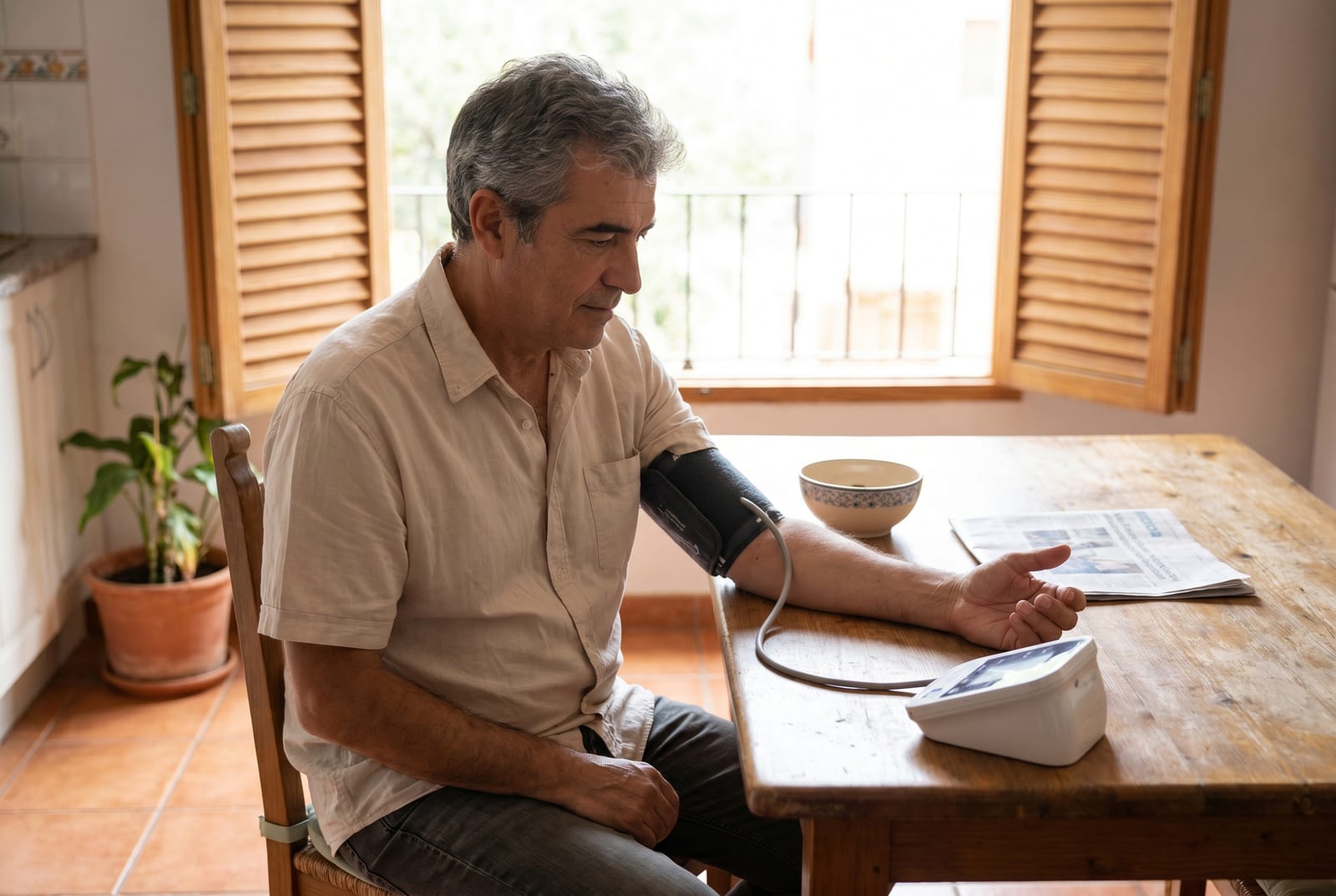 Mujer en su mesa de cocina con luz de la mañana, un tensiómetro doméstico en el brazo, revisando la lectura - Generado por AI