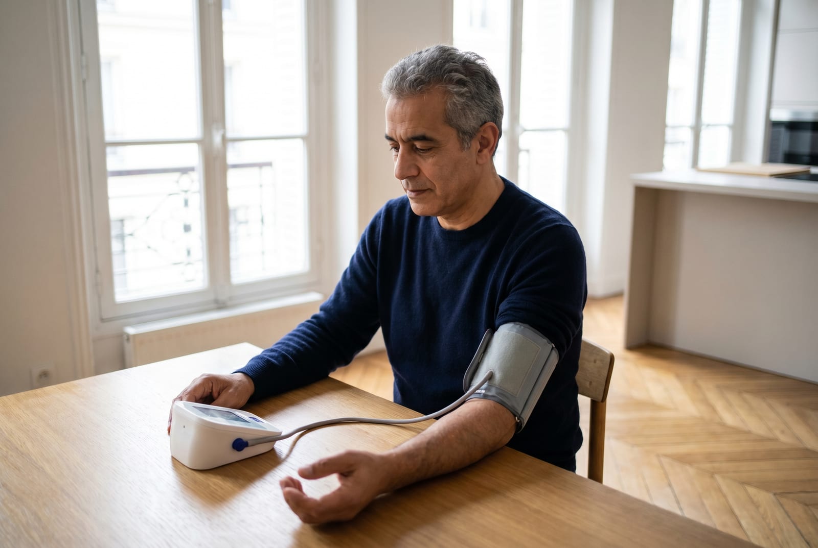 Femme à sa table de cuisine dans la lumière du matin, un brassard tensionnel sur le bras, consultant la mesure - Généré par AI