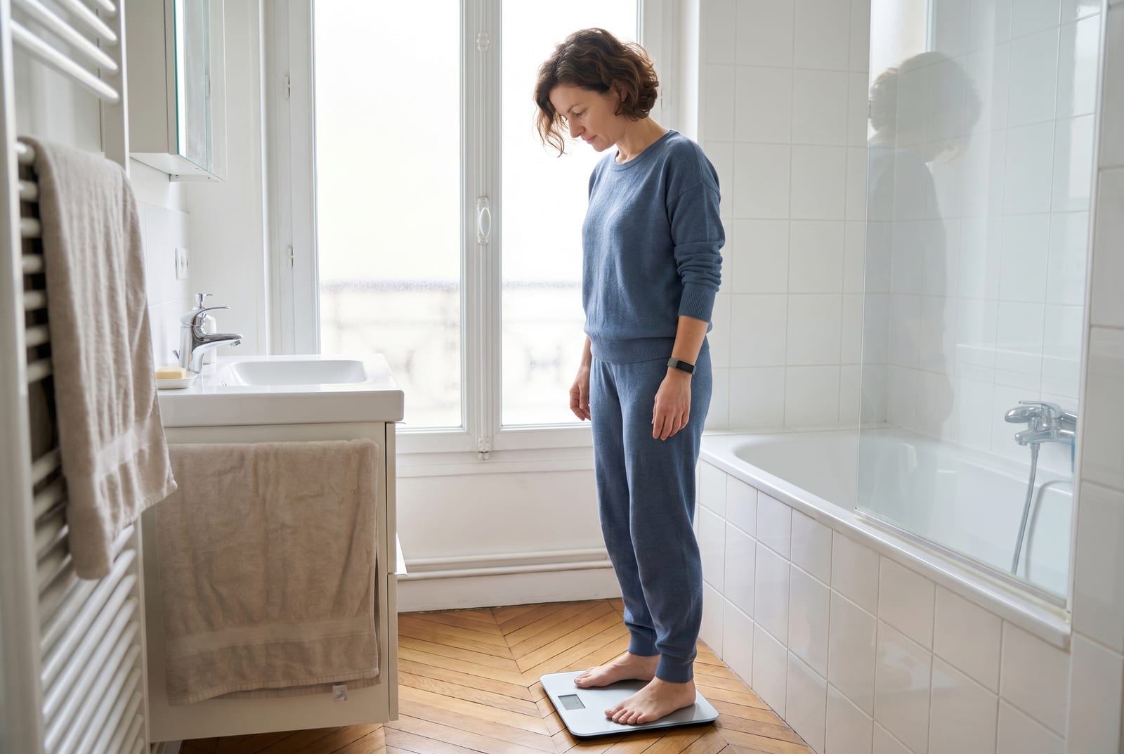 Femme dans une salle de bain tamisée descendant d'un pèse-personne connecté, regardant l'affichage - Généré par AI