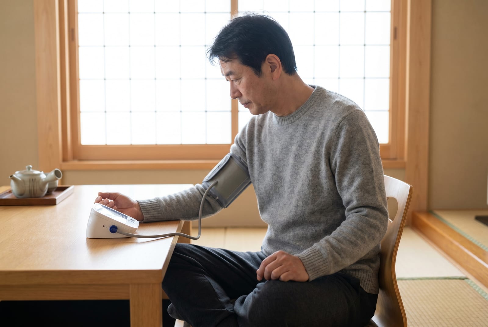 朝の光の中、キッチンテーブルに座り、腕に家庭用血圧計のカフを巻いて数値を確認している女性。 - AI生成