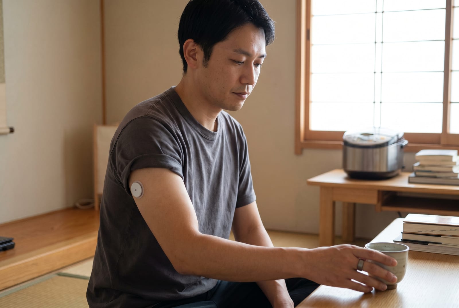 食事の途中、カジュアルなランチテーブルに座る男性。背景には友人たちがいる。 - AI生成