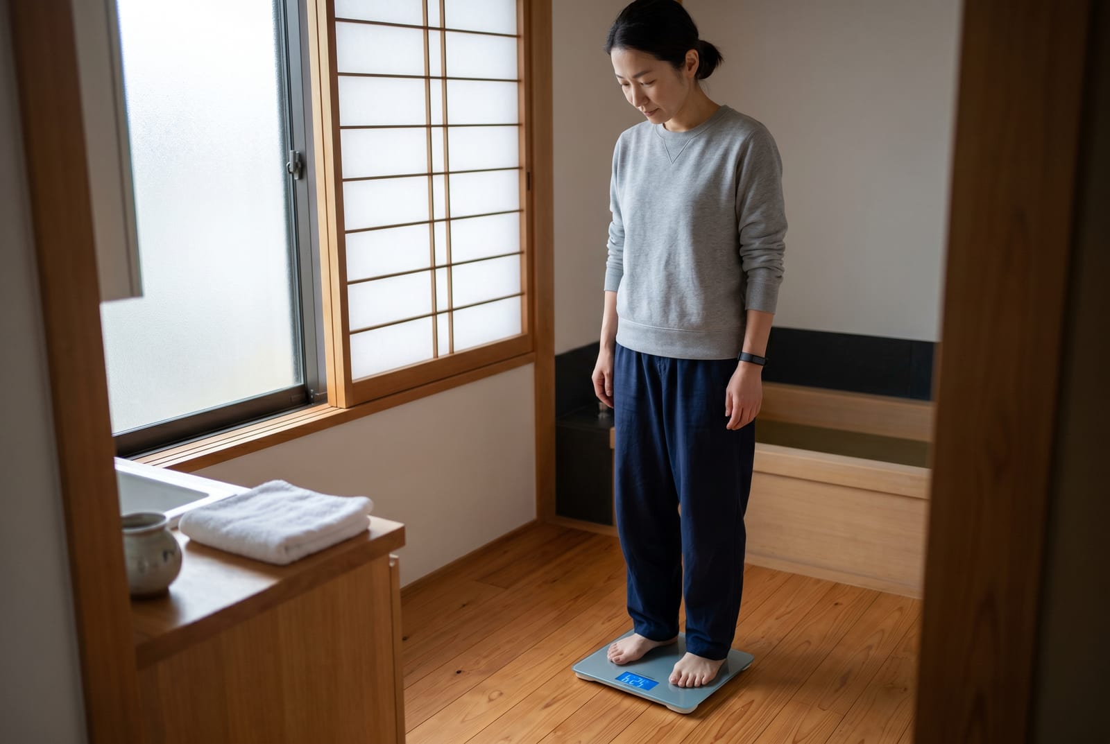柔らかい照明のバスルームでスマート体重計から降り、表示を確認している女性。 - AI生成