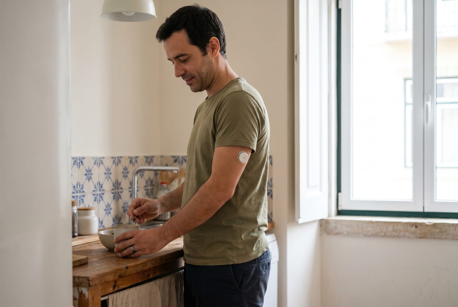 Homem numa mesa de almoço descontraída a meio da refeição, amigos ao fundo - gerado por AI