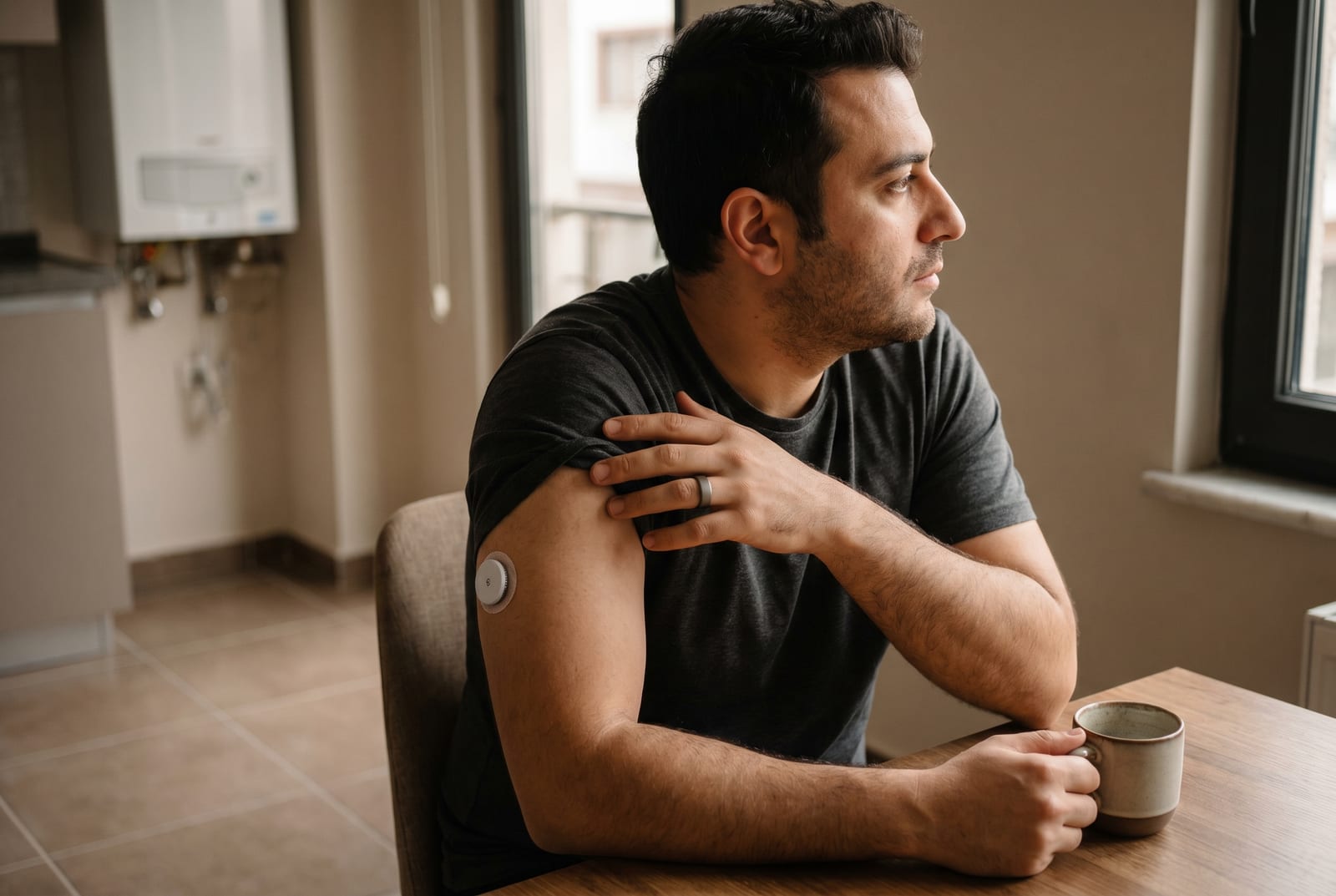 Yemek yerken sıradan bir yemek masasında oturan, arka planda arkadaşları olan bir adam - Yapay zeka tarafından üretilmiştir