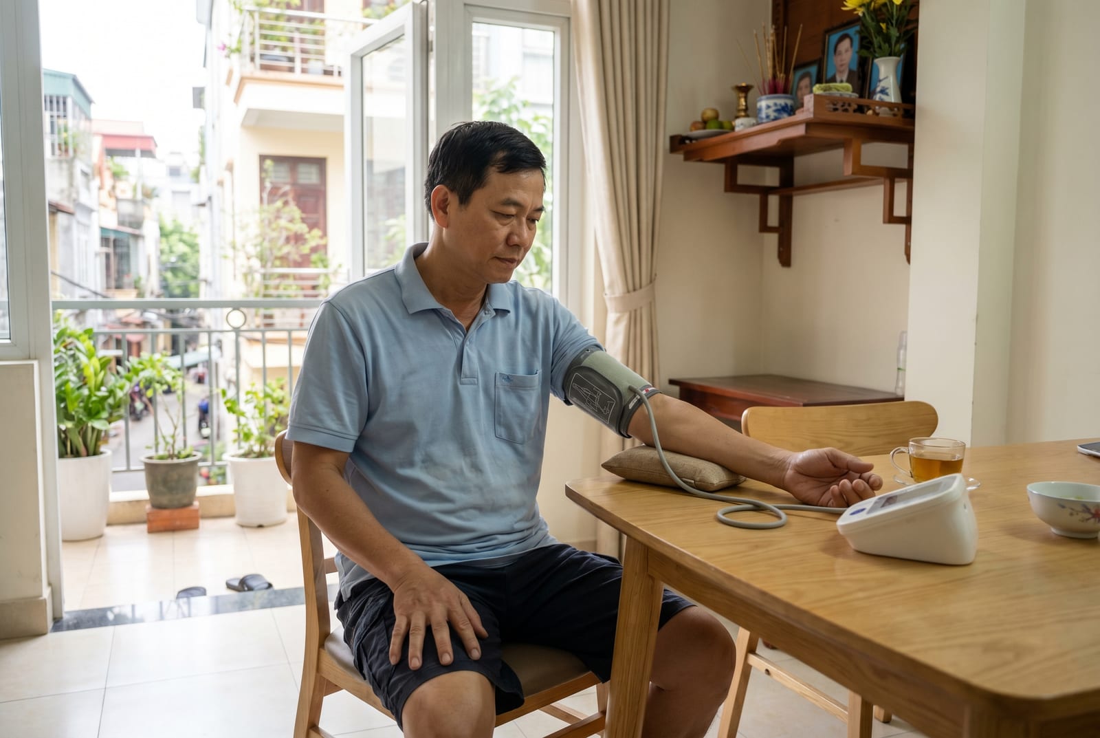 Người phụ nữ ngồi tại bàn bếp trong ánh sáng buổi sáng, máy đo huyết áp tại nhà quấn quanh cánh tay, đang kiểm tra số đo - Do AI tạo ra