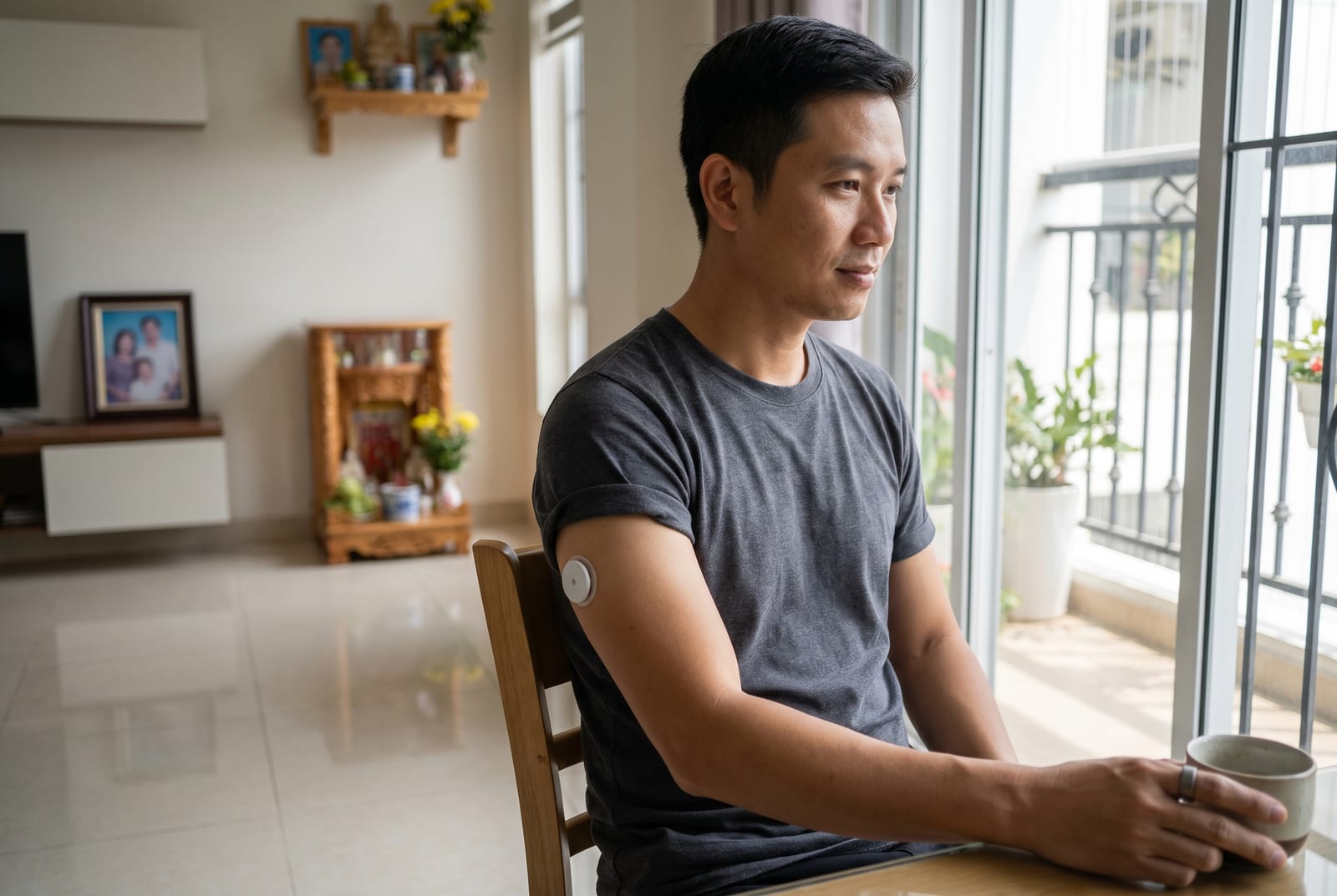 Người đàn ông ngồi ăn trưa thoải mái đang ăn giữa chừng, bạn bè ở phía sau - Do AI tạo ra