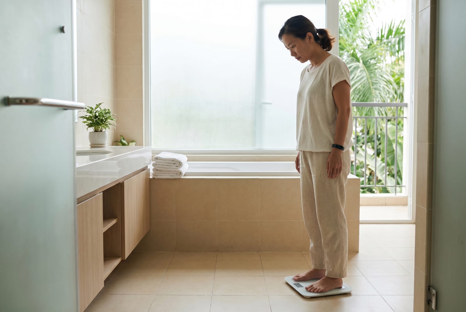 Người phụ nữ trong phòng tắm ánh sáng dịu bước ra khỏi cân thông minh, liếc nhìn màn hình hiển thị - Do AI tạo ra