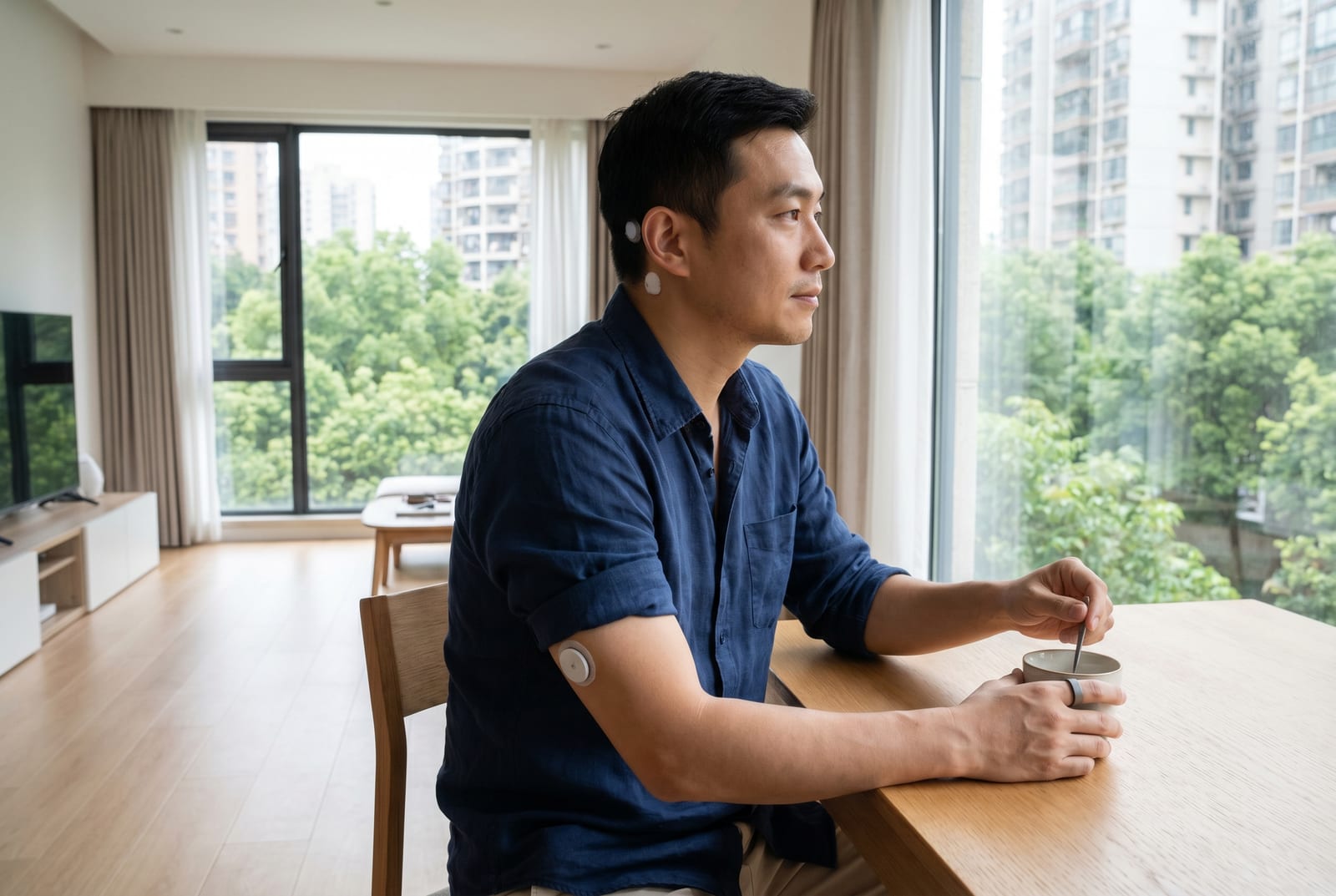 男士在轻松的午餐桌旁用餐，背景中有朋友 - AI 生成